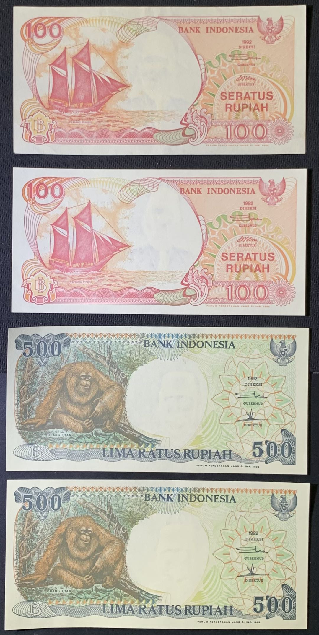 紫瑗钱币—微拍第118期 —纸币场 印度尼西亚 1992年 船 大猩猩 100 500卢比 4枚一组 UNC （P-127c 128h）