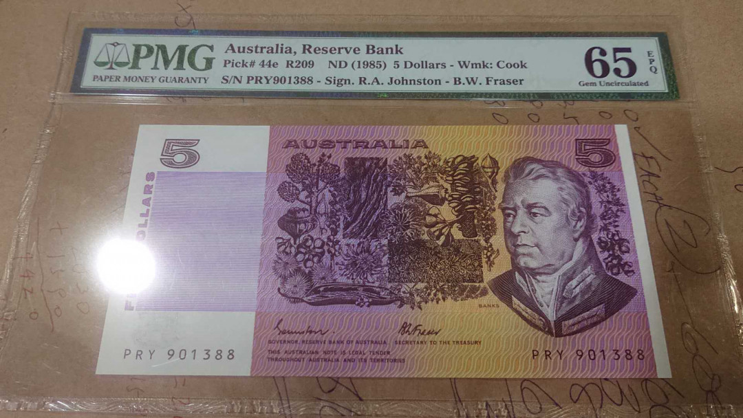 【囧羊收藏】精选微拍第4场~评级币专场（有澳门金龙，荷兰伊拉斯谟等），近期陆续上架 1985年澳大利亚10元纸币 PMG65E 尾号88