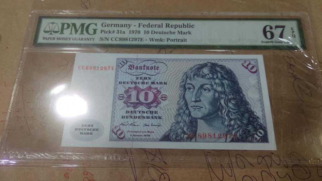 【囧羊收藏】精选微拍第4场~评级币专场（有澳门金龙，荷兰伊拉斯谟等），近期陆续上架 1970年德国10马克 PMG67E高分 全新