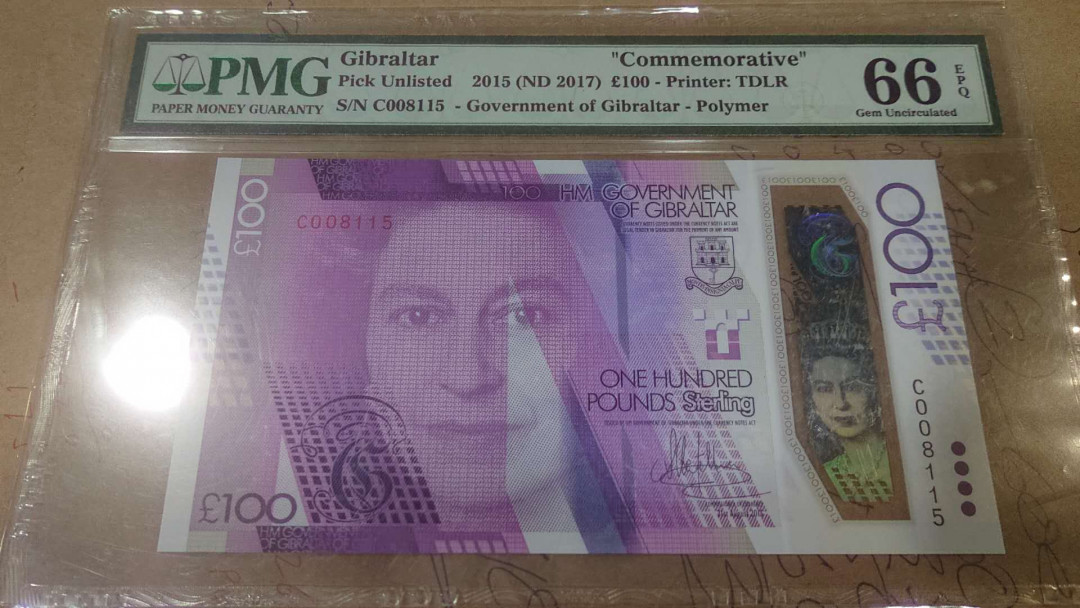 【囧羊收藏】精选微拍第4场~评级币专场（有澳门金龙，荷兰伊拉斯谟等），近期陆续上架 2015-2017年直布罗陀100镑 塑料纪念钞 C冠 PMG66E