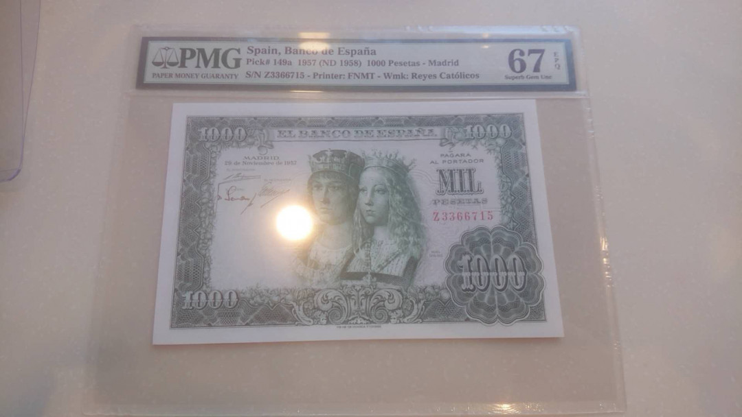 【囧羊收藏】精选微拍第4场~评级币专场（有澳门金龙，荷兰伊拉斯谟等），近期陆续上架 1957年西班牙1000比塞塔 双王 PMG67E