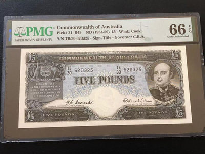 【Blue Auction】世界纸币精拍第37期——探险者（共55拍） - 【冠军分】澳大利亚早期 双面雕刻1954-59年版5镑 PMG66EPQ 精美