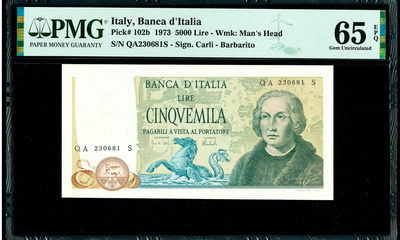 【Blue Auction】世界纸币精拍第37期——探险者（共55拍） - 意大利 1973年 5000里拉 PMG65EPQ 绝品 哥伦布 精美