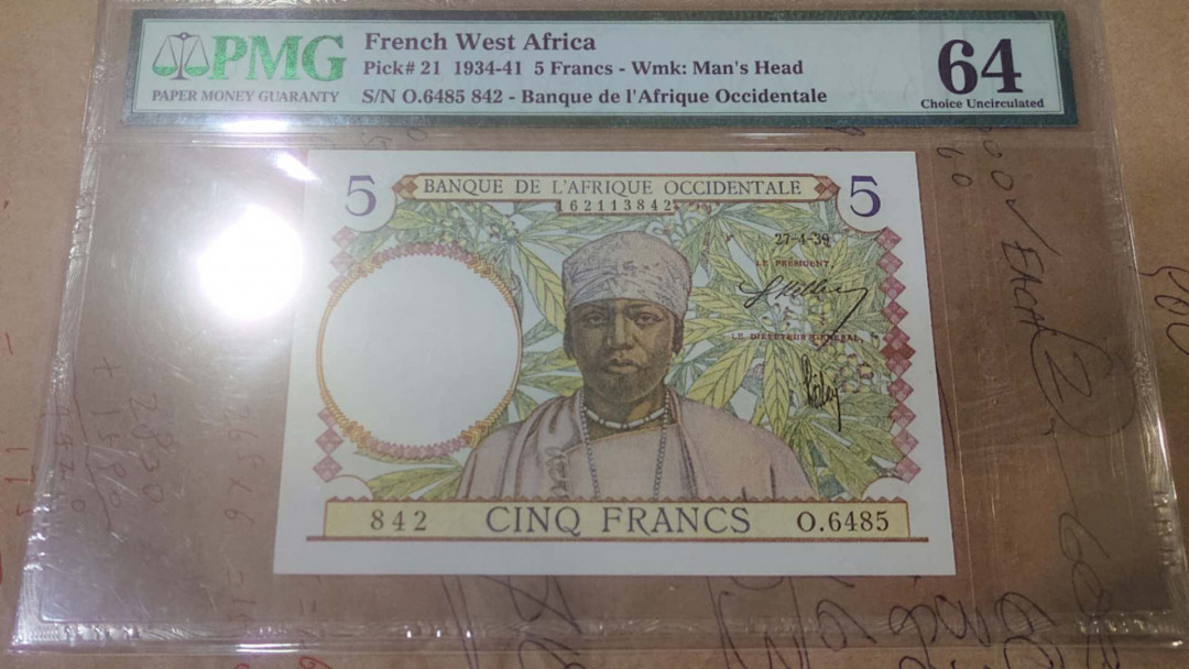 【囧羊收藏】精选微拍第4场~评级币专场（有澳门金龙，荷兰伊拉斯谟等），近期陆续上架 1939年法属西非 5法郎 PMG64 近全新