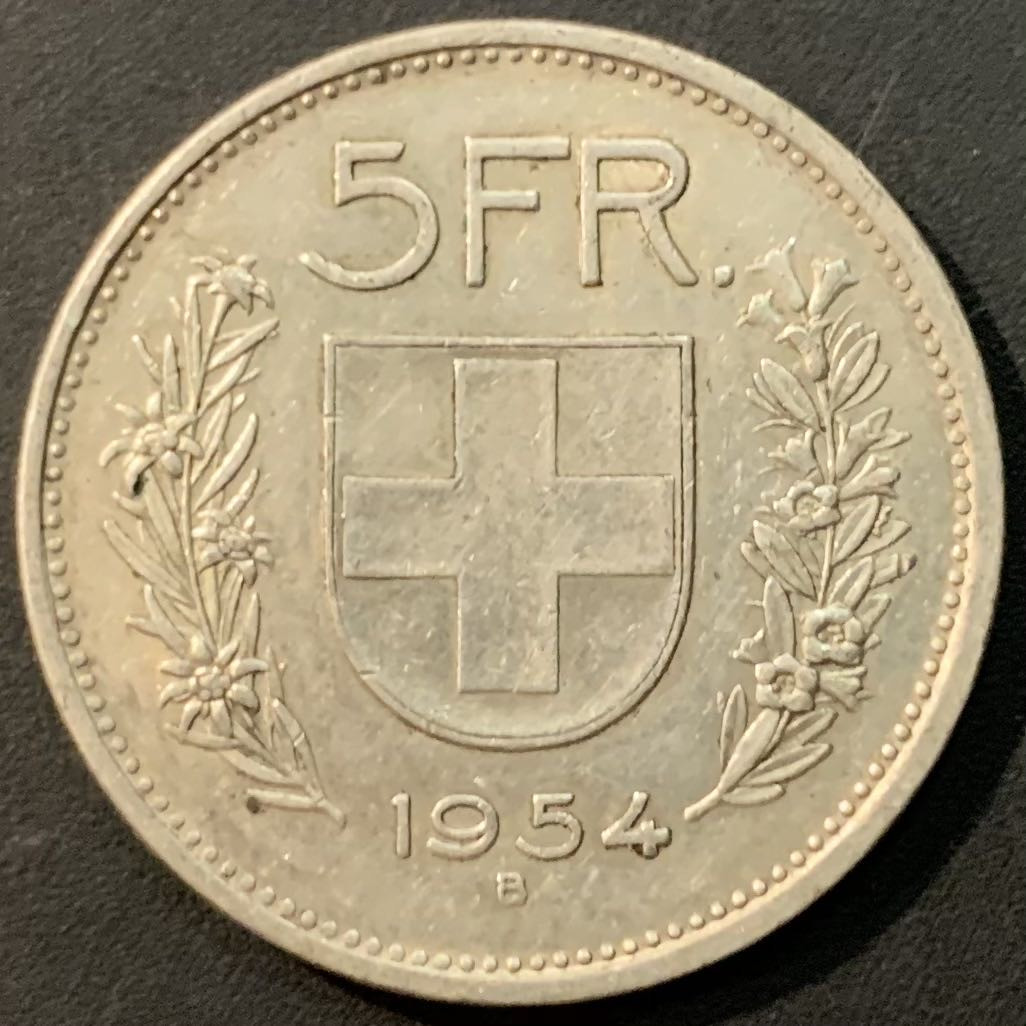 紫瑗钱币—微拍第119期  瑞士 1954年 威廉 泰尔 5法郎 15克 0.835银