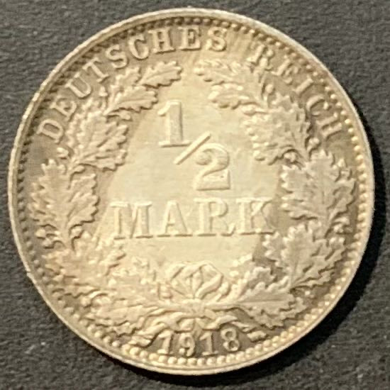 紫瑗钱币—微拍第119期  德国 1918年 A厂 1/2 马克 2.77克 0.9银