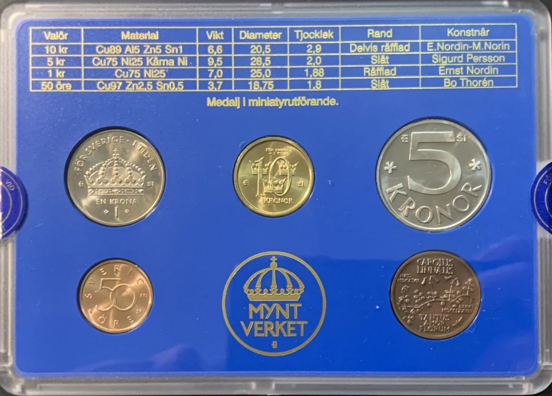 紫瑗钱币—微拍第119期  瑞典 2007年 流通币 50欧—10克朗 5枚套 原厂盒 带章