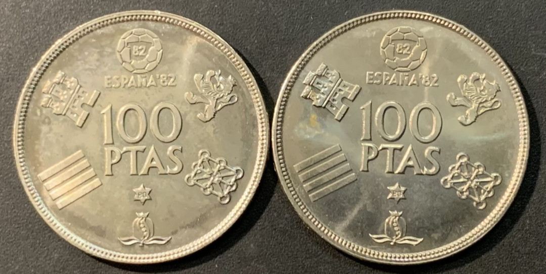 紫瑗钱币—微拍第119期  西班牙 1980年 82西班牙世界杯 100比塞塔 2枚一组 UNC