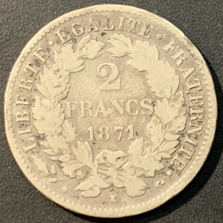 紫瑗钱币—微拍第129期  法国 1871年 自由女神 2法郎 10克 0.835银