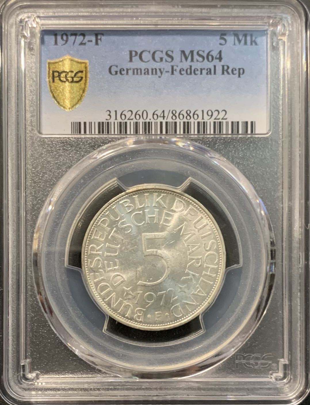 紫瑗钱币—微拍第119期  德德国 1972年 F厂 5马克  11.2克 0.625银 PCGS MS64
