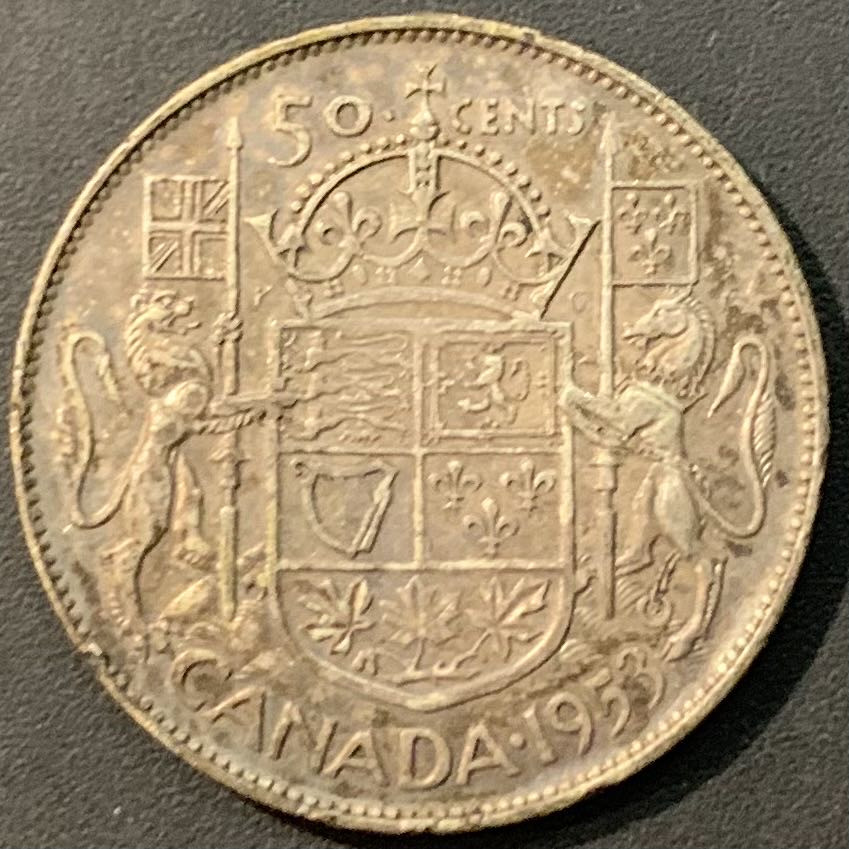 紫瑗钱币—微拍第119期  加拿大 1953年 伊丽莎白二世 50分 老国徽 11.67克 0.8银