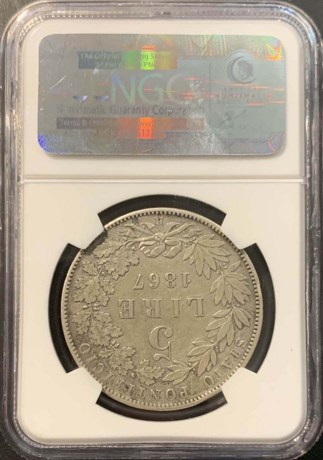 紫瑗钱币—微拍第119期  梵蒂冈 1867年 教皇国 庇护九世 5里拉 NGC XF Detail