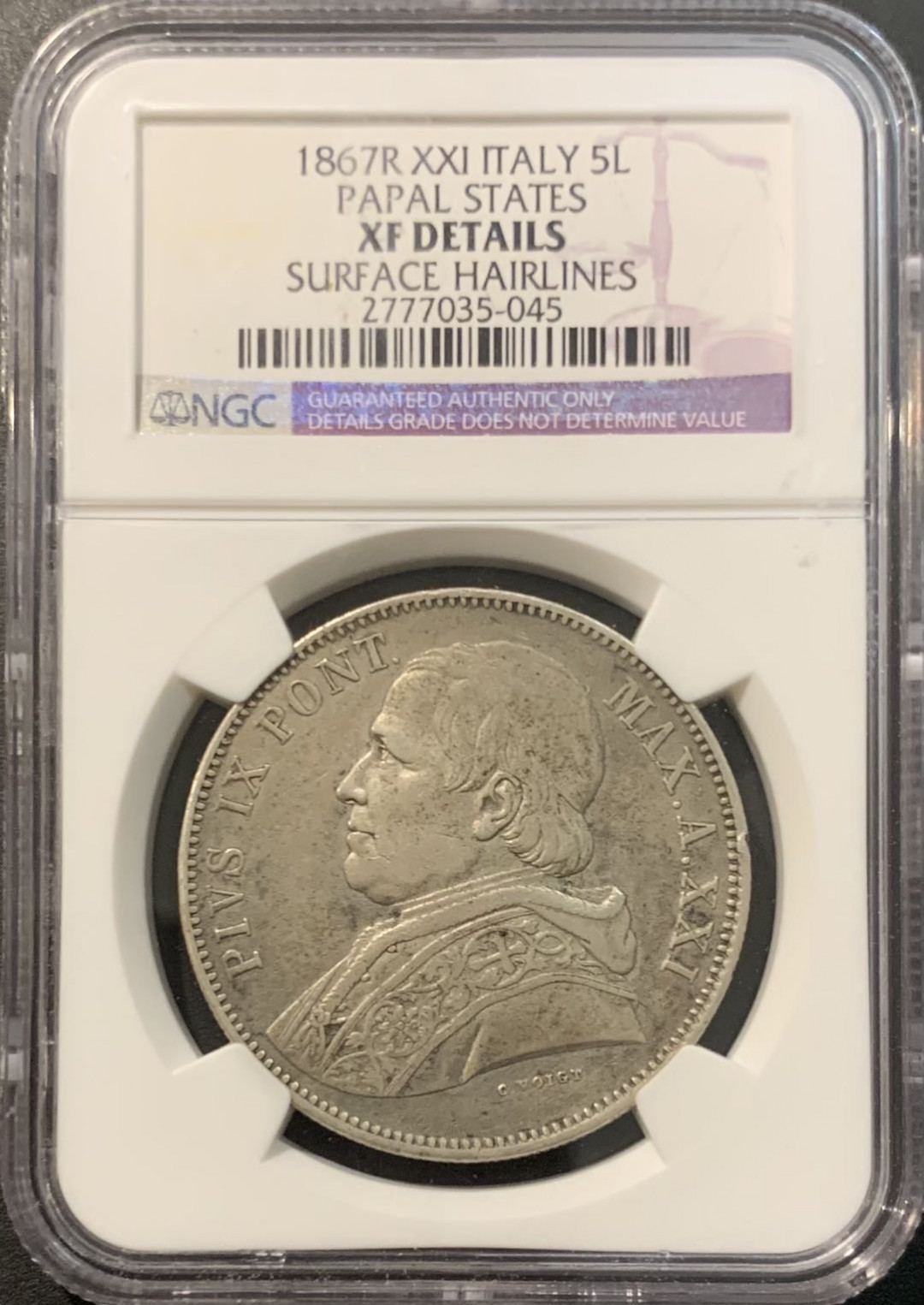 紫瑗钱币—微拍第119期  梵蒂冈 1867年 教皇国 庇护九世 5里拉 NGC XF Detail