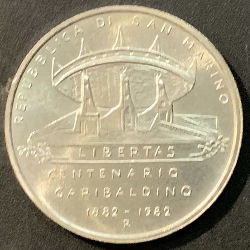 紫瑗钱币—微拍第119期  圣马力诺 1982年 加里波第 1000里拉 14.6克 0.835银 UNC