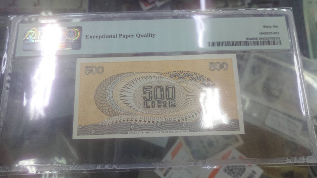 【囧羊收藏】精选微拍第4场~评级币专场（有澳门金龙，荷兰伊拉斯谟等），近期陆续上架 1966-70年意大利500里拉 小仙女 PMG66E 绝品好号