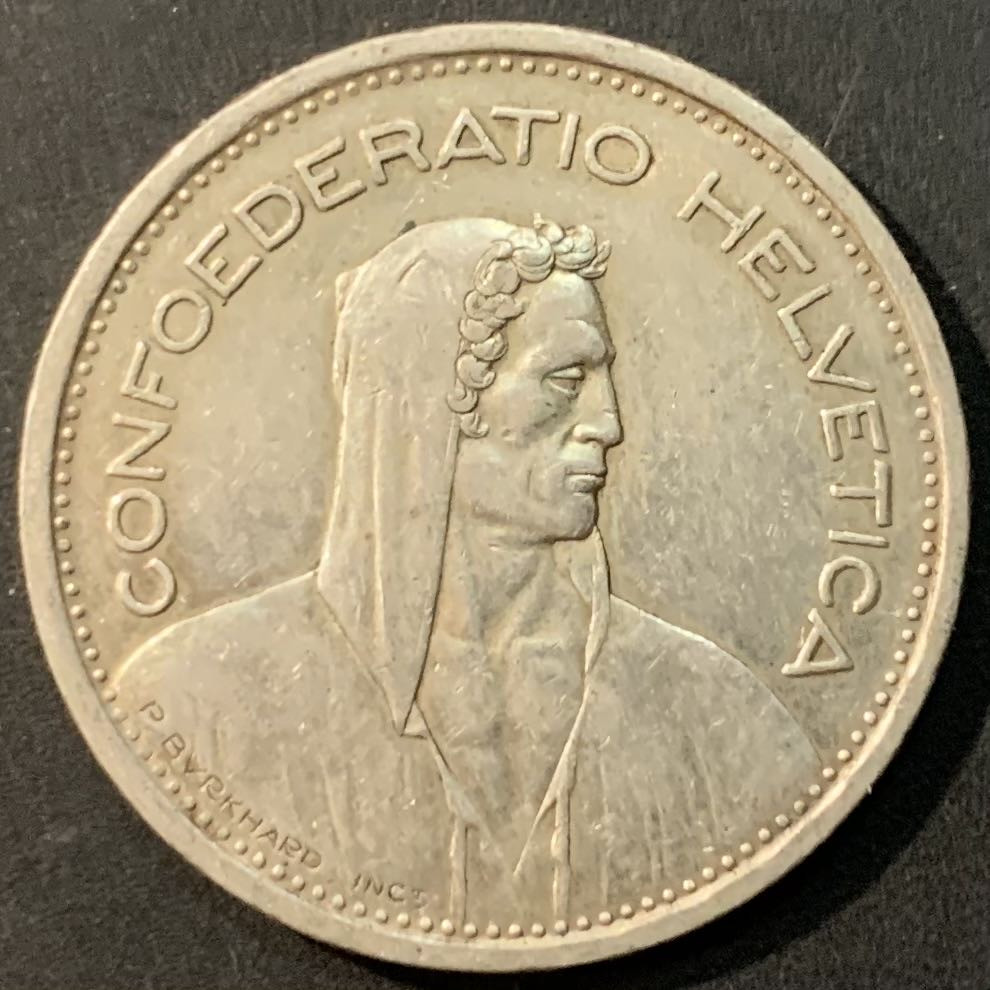 紫瑗钱币—微拍第119期  瑞士 1954年 威廉 泰尔 5法郎 15克 0.835银