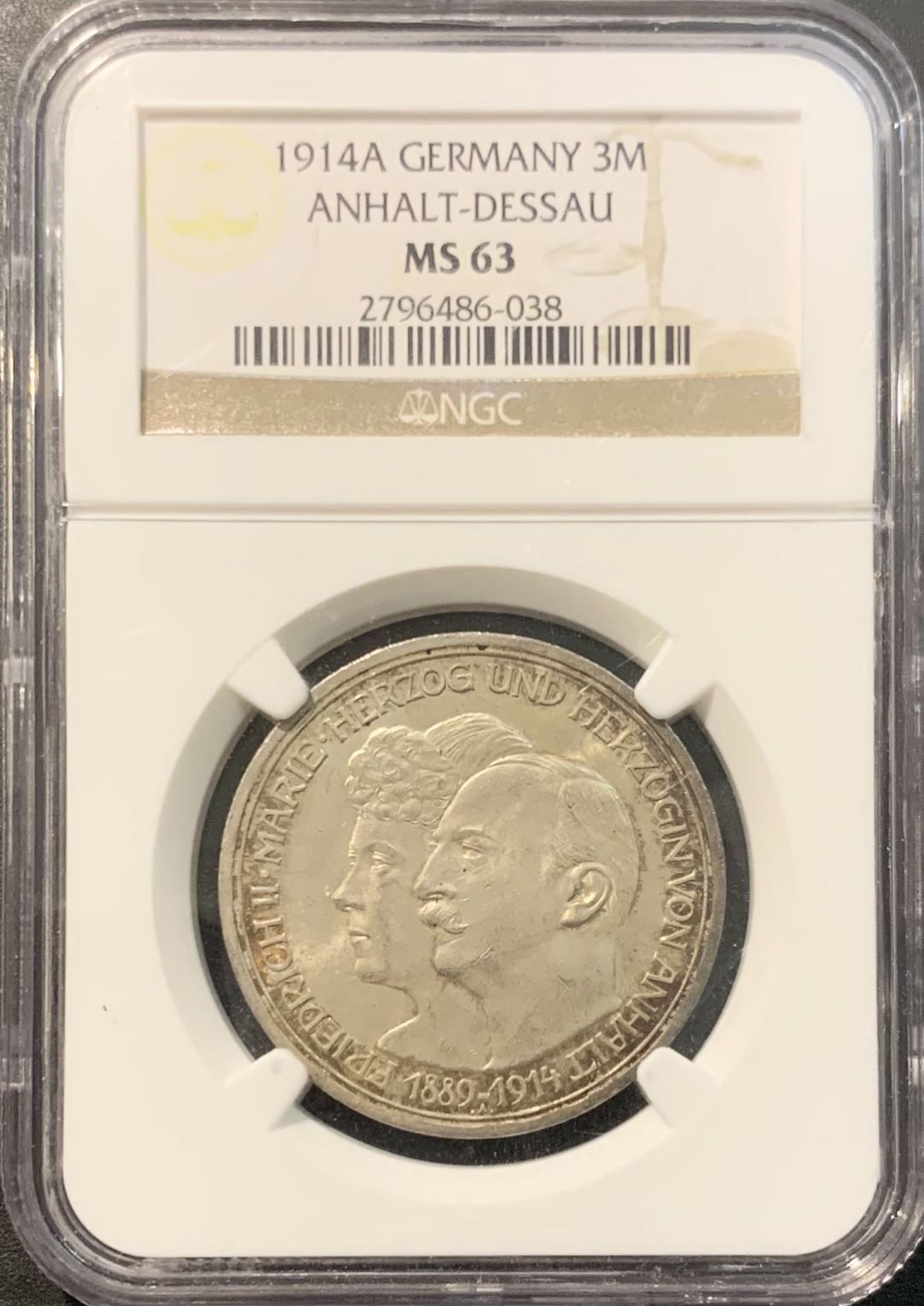 紫瑗钱币—微拍第119期  德国 安哈特 1914年 银婚纪念 3马克 16.67克 0.9银  NGC MS63
