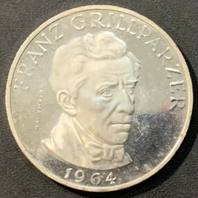 紫瑗钱币—微拍第119期  奥地利 1964年 剧作家  格里尔帕策 25先令 13克 0.8银 精制