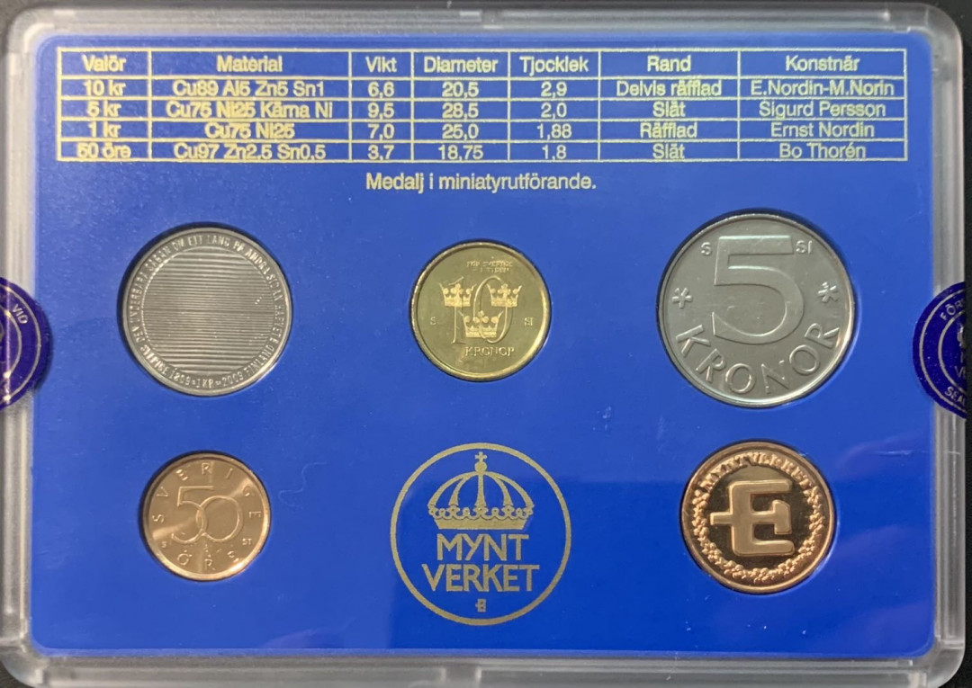 紫瑗钱币—微拍第119期  瑞典 2009年 流通币 50欧—10克朗 5枚套 原厂盒 带章