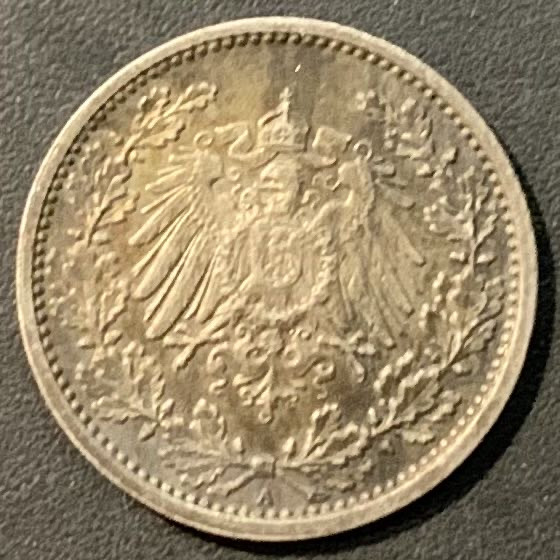 紫瑗钱币—微拍第119期  德国 1918年 A厂 1/2 马克 2.77克 0.9银