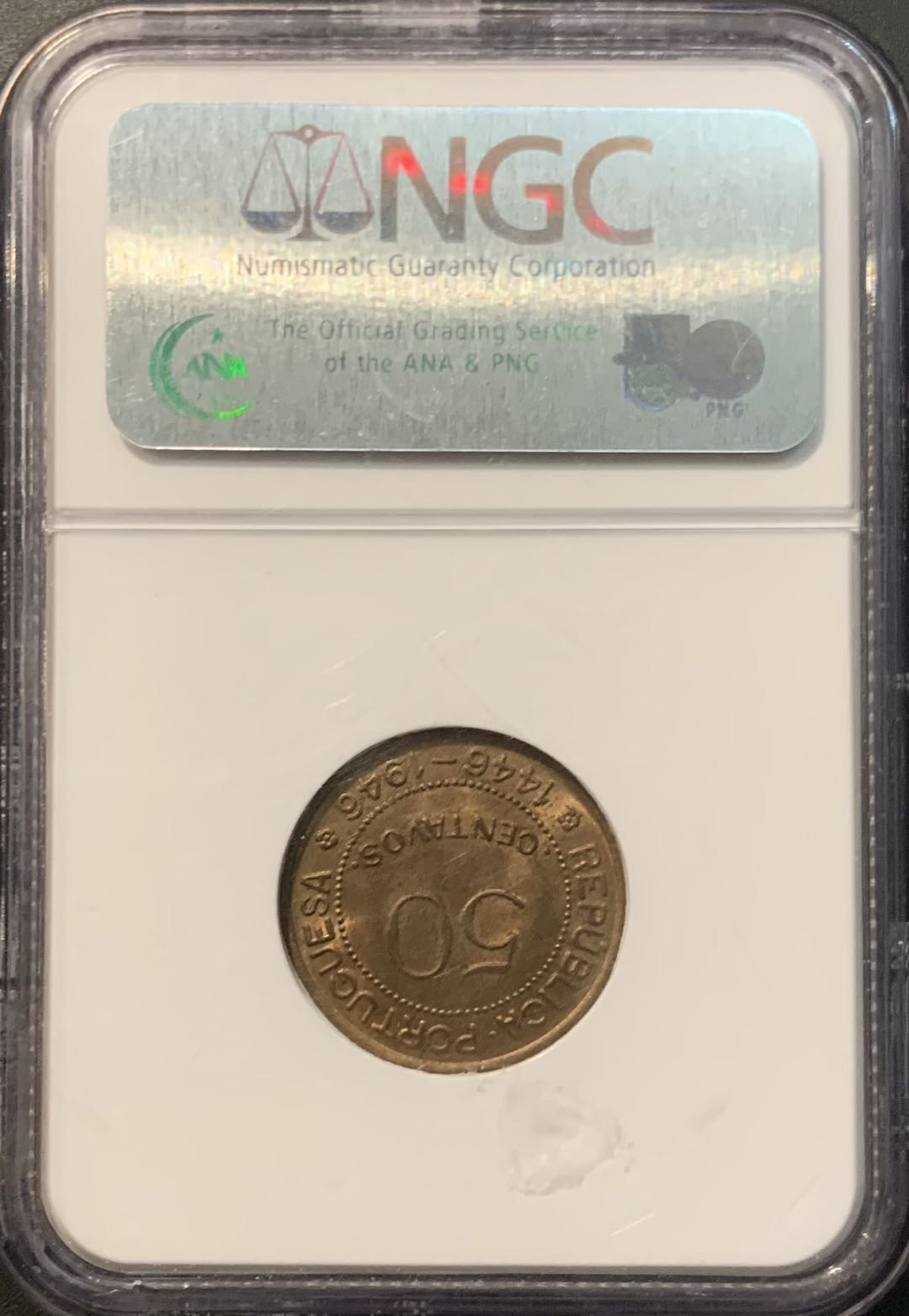 紫瑗钱币—微拍第129期  葡属几内亚 1946年 发现几内亚 50分 NGC MS64 RB