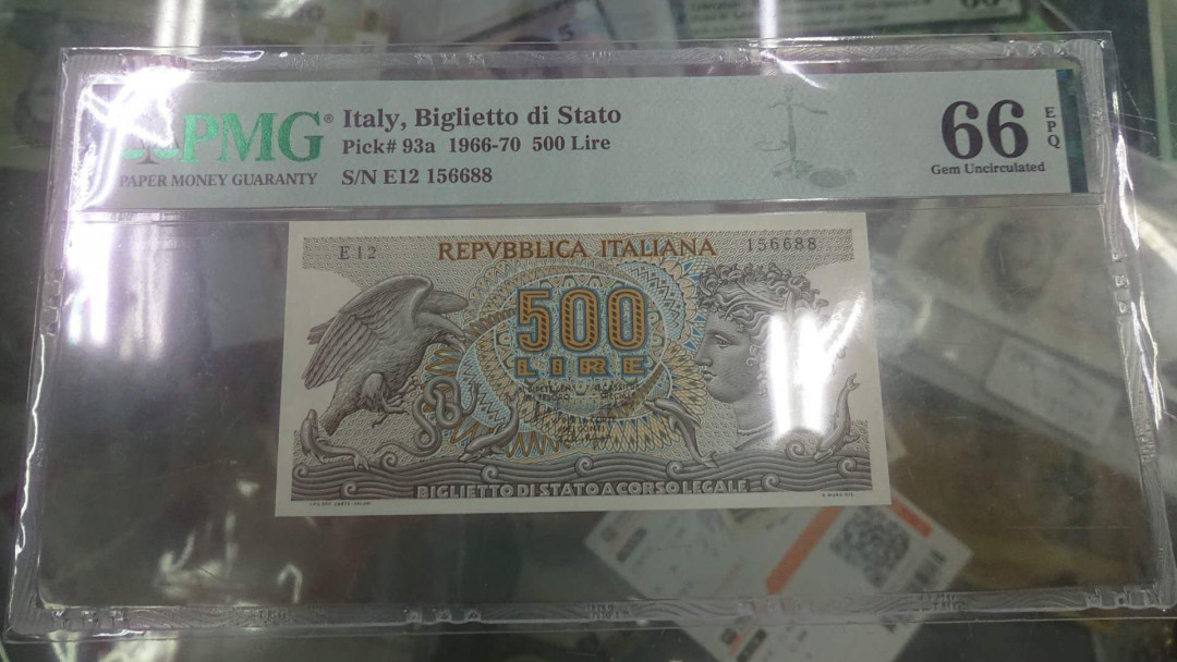【囧羊收藏】精选微拍第4场~评级币专场（有澳门金龙，荷兰伊拉斯谟等），近期陆续上架 1966-70年意大利500里拉 小仙女 PMG66E 绝品好号