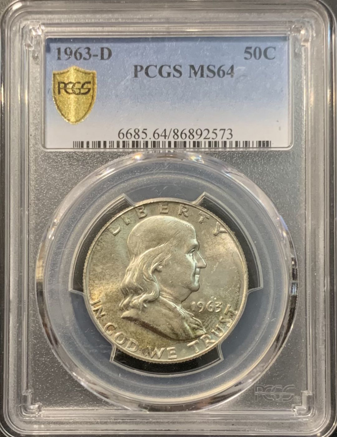 紫瑗钱币—微拍第119期  美国 1963年 富兰克林 50美分 半美元 12.5克 0.9银 PCGS MS64