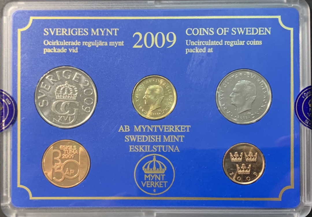 紫瑗钱币—微拍第119期  瑞典 2009年 流通币 50欧—10克朗 5枚套 原厂盒 带章
