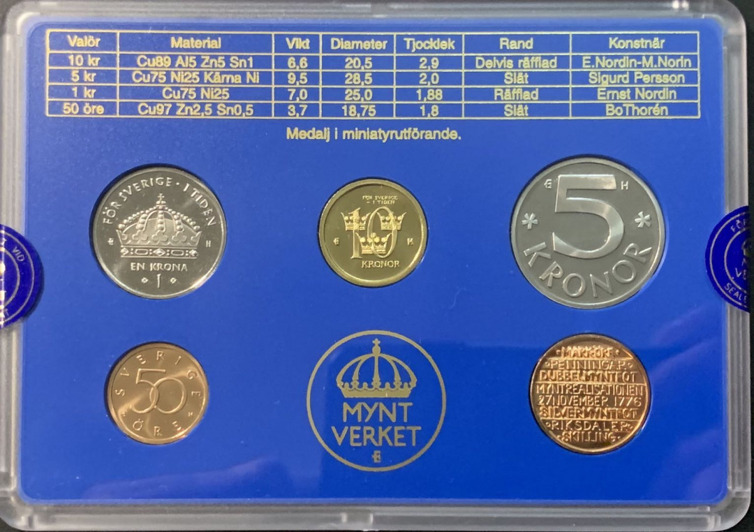 紫瑗钱币—微拍第119期  瑞典 2005年 流通币 50欧—10克朗 5枚套 原厂盒 带章