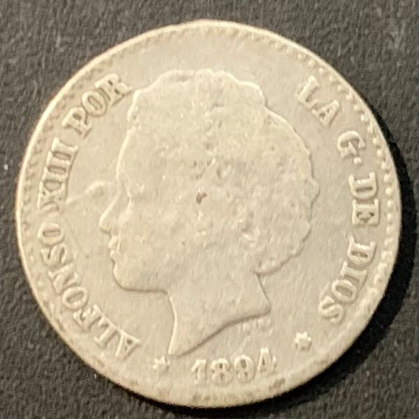 紫瑗钱币—微拍第119期  西班牙 1894年 阿方索十三世 爆炸头 50分 2.5克银 0.835银