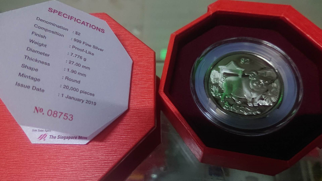 【囧羊收藏】精选微拍第五场~世界硬币（套装）专场（陆续上架） 2019年新加坡生肖猪年精制硬币（面值2新币） 发行量20000枚 绝品保真原盒原证书
