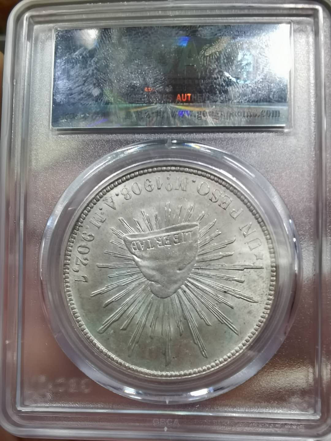马甸外币专卖微拍第二十九期，银币专场，陆续上新，欢迎关注 1908年墨西哥鹰洋银币，公博MS63分，