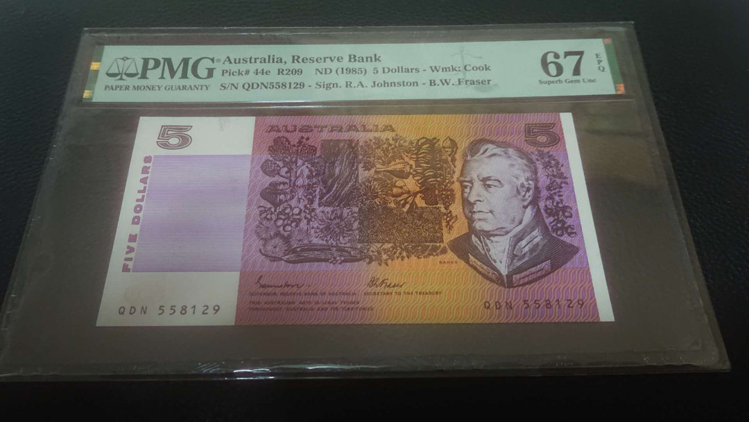 【囧羊收藏】精选微拍第4场~评级币专场（有澳门金龙，荷兰伊拉斯谟等），近期陆续上架 1985年澳大利亚5元 纸币 PMG67E冠军分（仅七张）全新绝品