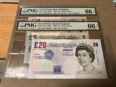 【Blue Auction】世界纸币精拍第39期——美女与牛仔 (共53拍） - 【一组3张 首发全同小号】英国E序列5-10-20镑 PMG66EPQ&全新UNC