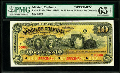 【Blue Auction】世界纸币精拍第39期——美女与牛仔 (共53拍） - 【美女与牛仔】墨西哥 1898-1914年 早期 10比索 PMG65EPQ 绝品 雕刻非常精美 大票幅 目录价1250美金