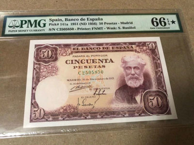 【Blue Auction】世界纸币精拍第39期——美女与牛仔 (共53拍） - 西班牙 1956年50比塞塔 PMG66EPQ星星 精美 