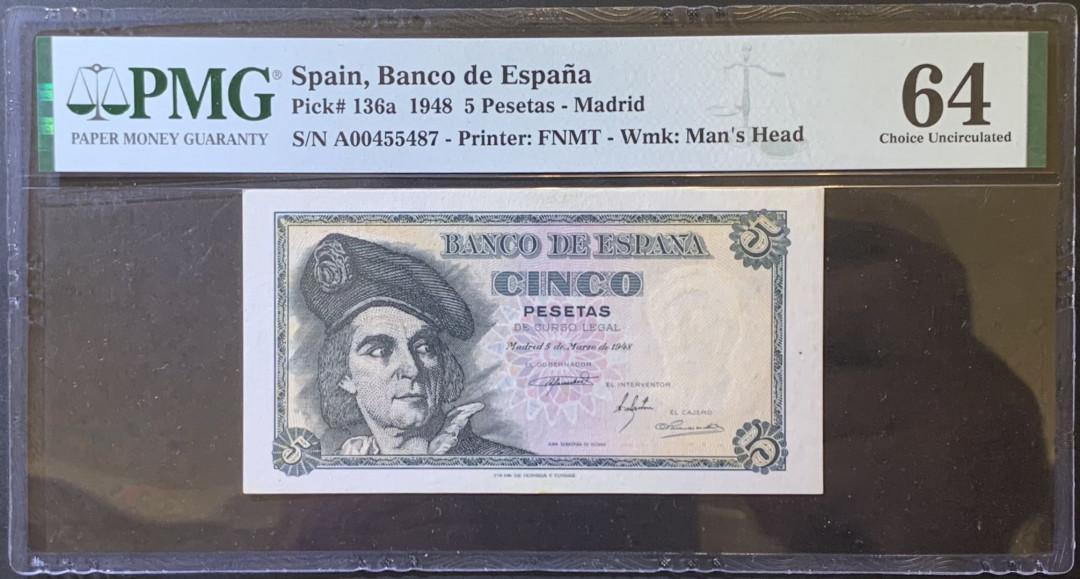 紫瑗钱币—微拍第120期—纸币场 西班牙 1948年 胡安 塞瓦斯蒂安 5比塞塔 PMG 64 （P-136a）
