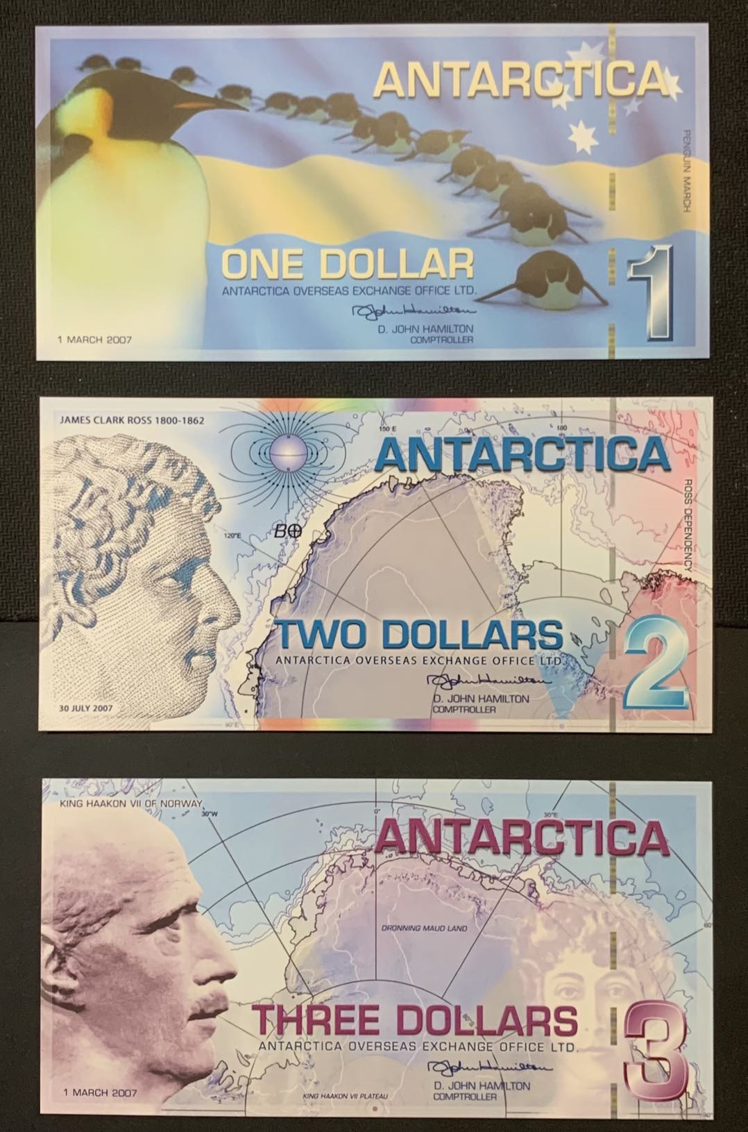 紫瑗钱币—微拍第120期—纸币场 南极洲 属地 1 2 3 美元 塑料钞 UNC 3枚一组 