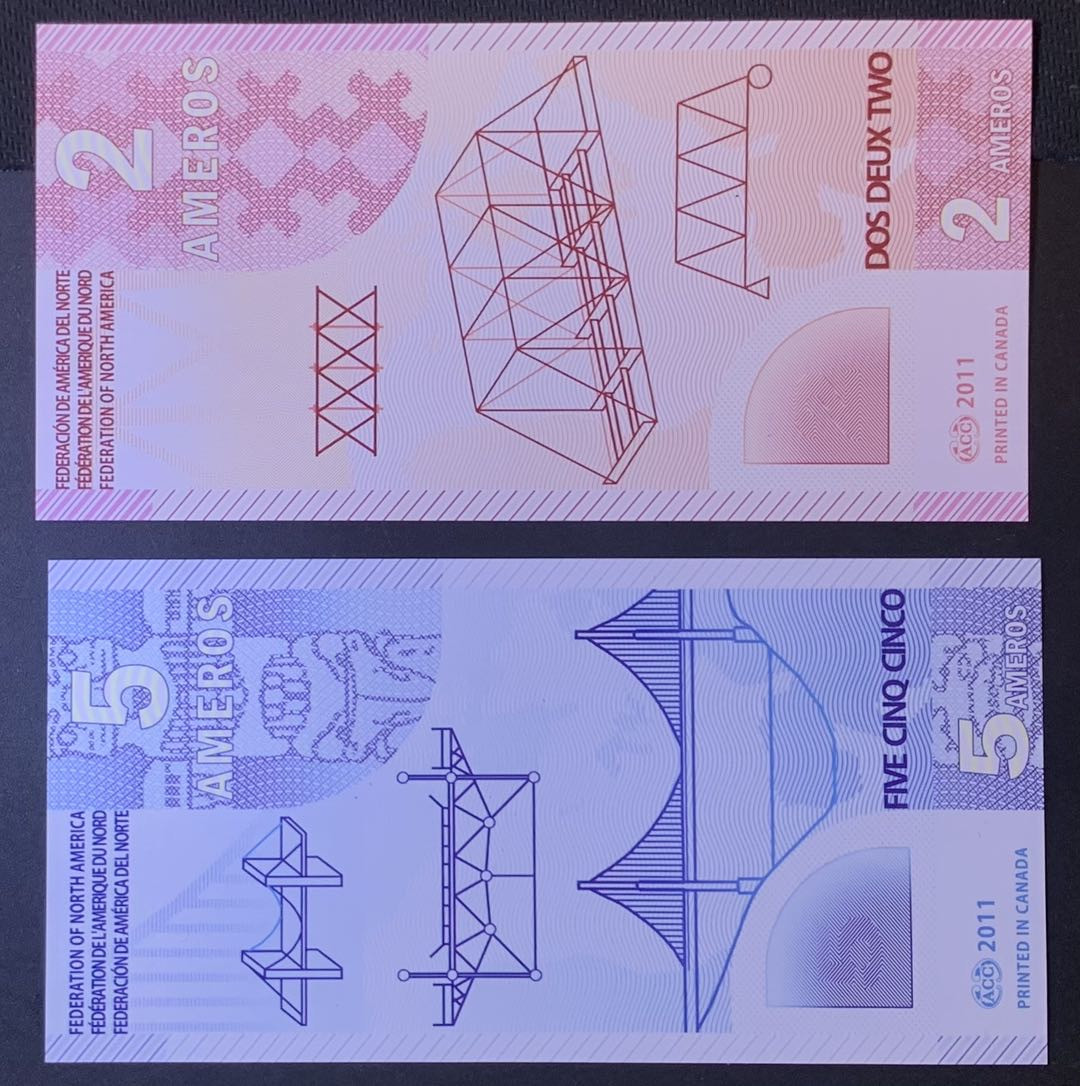 紫瑗钱币—微拍第120期—纸币场 北美联合会 2011年 2 5 美洲元 塑料 纪念钞 UNC 2枚一组