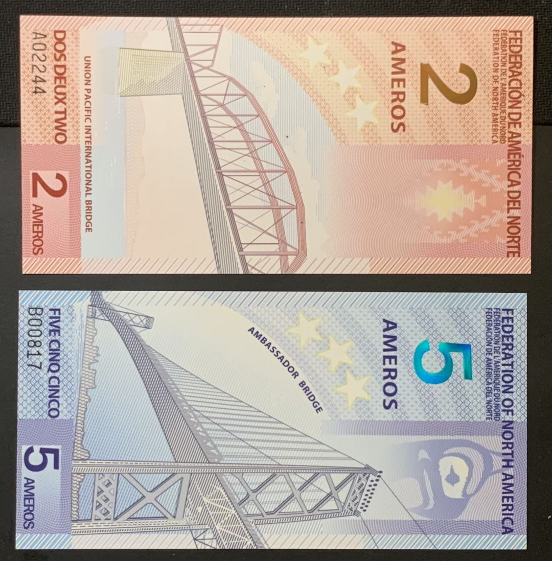 紫瑗钱币—微拍第120期—纸币场 北美联合会 2011年 2 5 美洲元 塑料 纪念钞 UNC 2枚一组