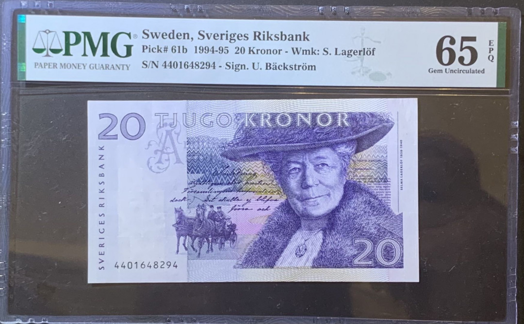 紫瑗钱币—微拍第120期—纸币场 瑞典 1994-95年 骑鹅旅行记 20克朗 PMG 65 EPQ （P-61b）