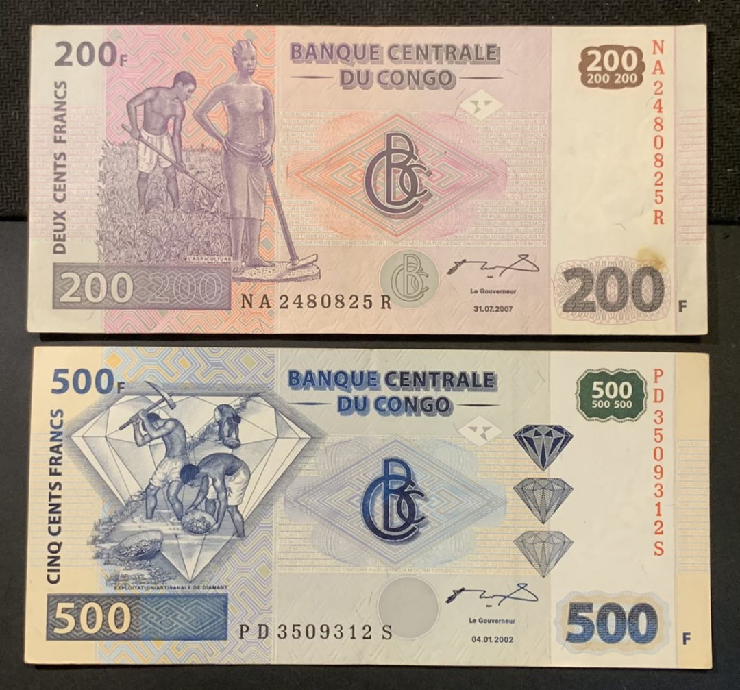 紫瑗钱币—微拍第120期—纸币场 民主刚果 2007年 200 500法郎 流通币 2枚一组