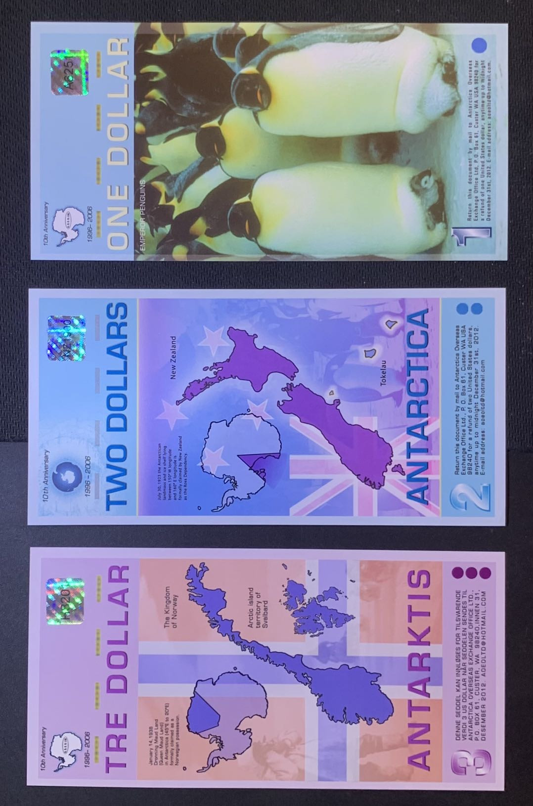 紫瑗钱币—微拍第120期—纸币场 南极洲 属地 1 2 3 美元 塑料钞 UNC 3枚一组 
