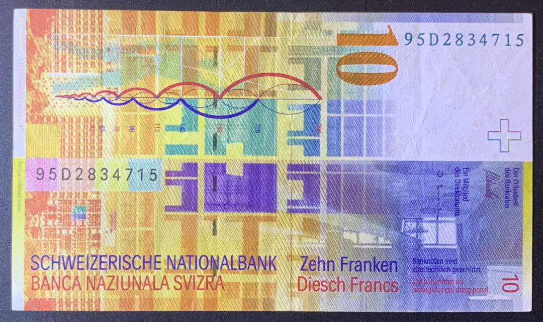 紫瑗钱币—微拍第120期—纸币场 瑞士 1995年 第8版 人像版 10法郎 流通品 （P-66a）