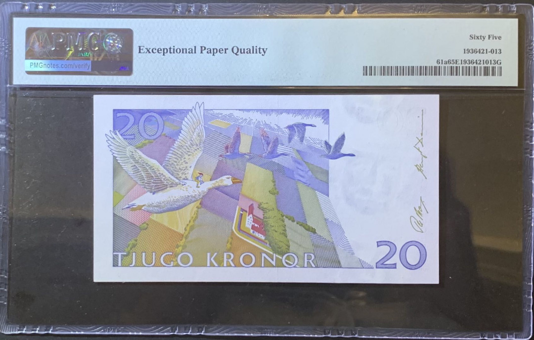 紫瑗钱币—微拍第120期—纸币场 瑞典 1991-92年 骑鹅旅行记 20克朗 PMG 65 EPQ （P-61a）