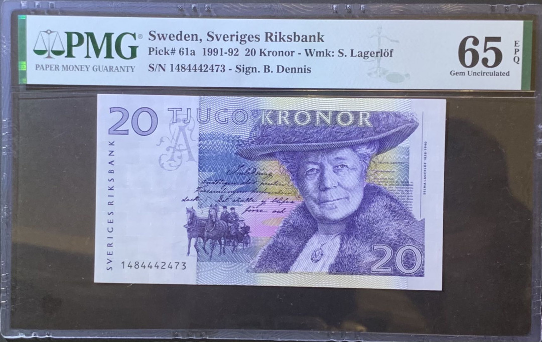 紫瑗钱币—微拍第120期—纸币场 瑞典 1991-92年 骑鹅旅行记 20克朗 PMG 65 EPQ （P-61a）