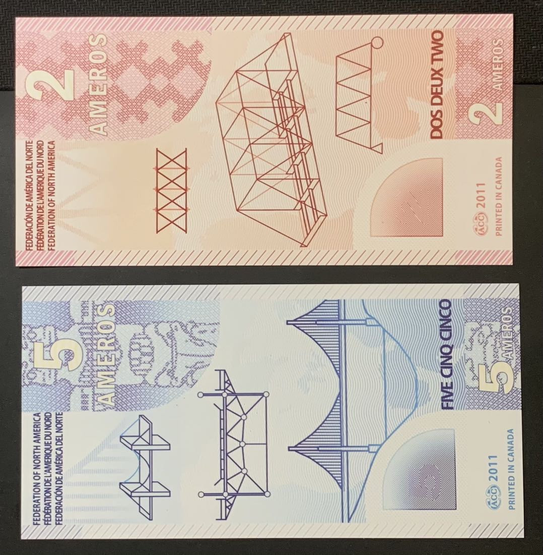 紫瑗钱币—微拍第120期—纸币场 北美联合会 2011年 2 5 美洲元 塑料 纪念钞 UNC 2枚一组