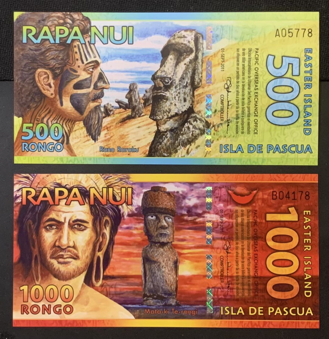 紫瑗钱币—微拍第120期—纸币场 复活节岛 2013年 500 1000法郎 塑料 纪念钞 UNC 2枚一组