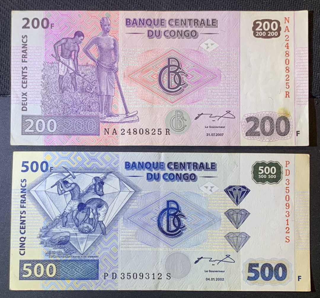 紫瑗钱币—微拍第120期—纸币场 民主刚果 2007年 200 500法郎 流通币 2枚一组