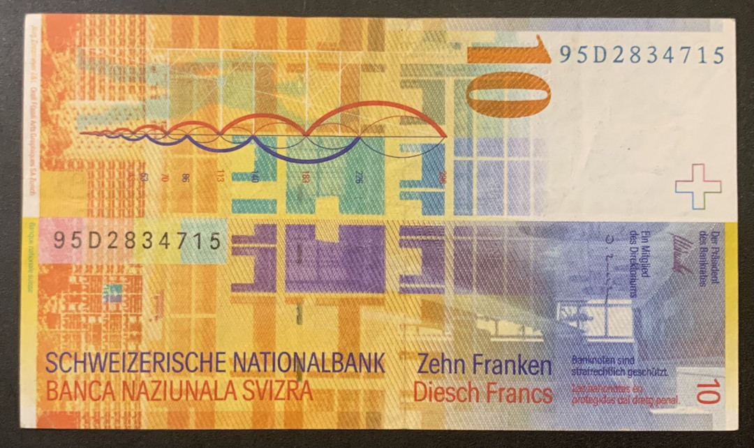 紫瑗钱币—微拍第120期—纸币场 瑞士 1995年 第8版 人像版 10法郎 流通品 （P-66a）